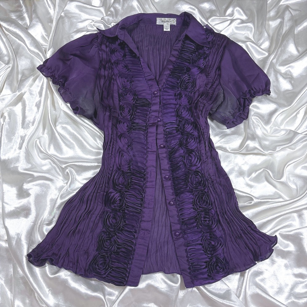 Vintage Blouse Purple Excellent Rosette Pleated Button Up Cap Sleeve Top